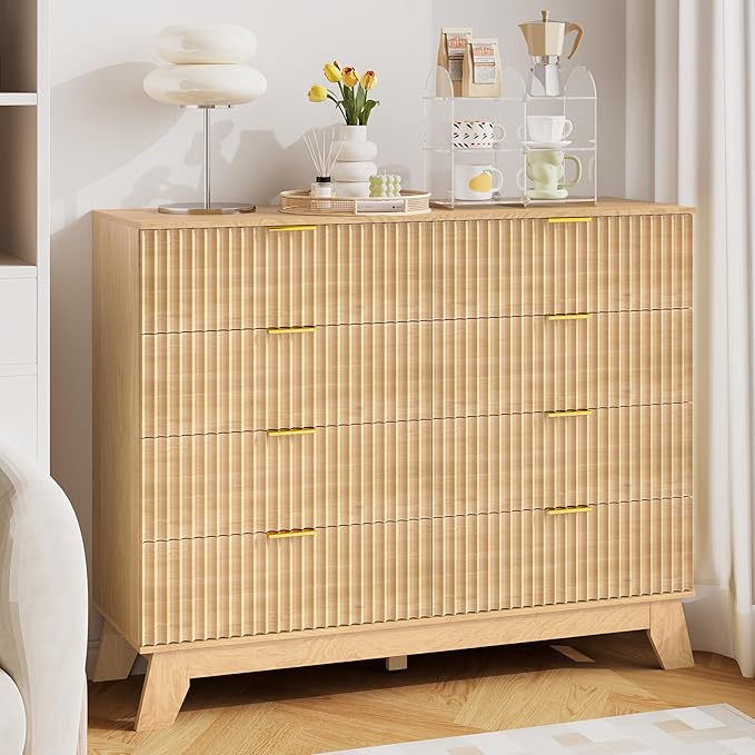 HUANLEGO Fluted Dresser for Bedroom, 8 Drawer Dressers & Chest of Drawers, Mid Century Modern Dresser for Closet Boho Bedroom Furniture, Nature Wood Chest of Drawers Storage Organizer for Living Room