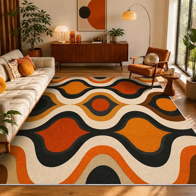 Retro Wave Area Rug 4x6, Mid-Century Modern Geometric Rug, Orange Brown Abstract Carpet for Living Room Bedroom, Soft Non-Slip Washable Rug