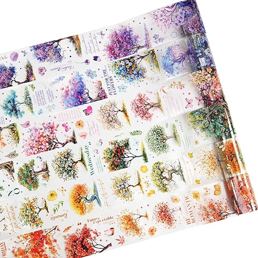 MiyouLuna 6 Rolls Blooming Forest PET Tape Set, 6 Rolls Tree-Themed Tapes with Decorative Clip, Scrapbook and Journal Supplies for DIY Crafts and Collage