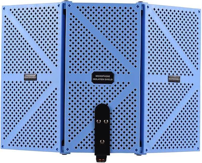 Portable Desktop Soundproof Cover,3 Doors Foldable Acoustic Panels Studio Equipment,Vocal Absorbing Shield to Filter Vocal for Microphone,for Home Studio(Blue)