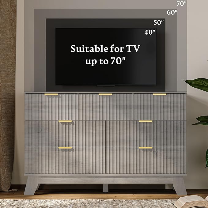 HUANLEGO Fluted Dresser for Bedroom with 7 Drawer, Mid Century Modern Chest of Drawers, 48" Wide Natural Wood Dresser for Closet, Wooden Boho Chest Closet Storage TV Stand for Bedroom, Grey
