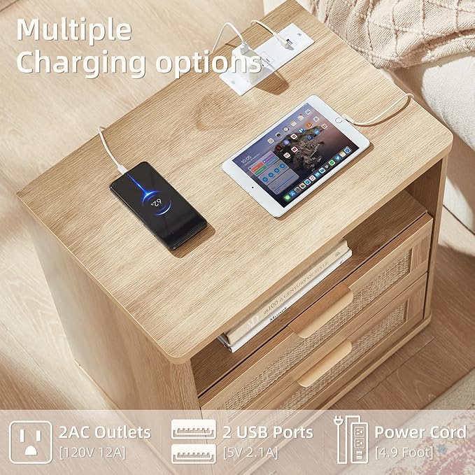LEYAOYAO Rattan Night Stand with Charger Station, 23" Wide Boho Nightstand with 2 Drawers, Natural Wood Bedside Table Open Storage Cabinet, Bed Side End Tables Dresser for Bedroom, Living Room Hallway