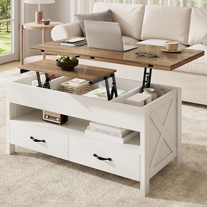 Marsail 40" Lift Top Coffee Table, 4 in 1 Coffee Table with Hidden Compartment, 1 Open Shelf and 2 Drawers, Multifunctional Farmhouse Center Table for Living Room and Home Office, Brown and White