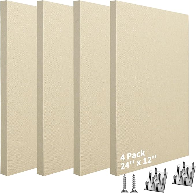 Art3dwallpanels 4 PCS Acoustic Panels, 24''x12'' Fabric Soundproof Wall Panels, Easy-Hook Mounting Sound Absorbing Panels for Studios, Office, Home Theater, Linen