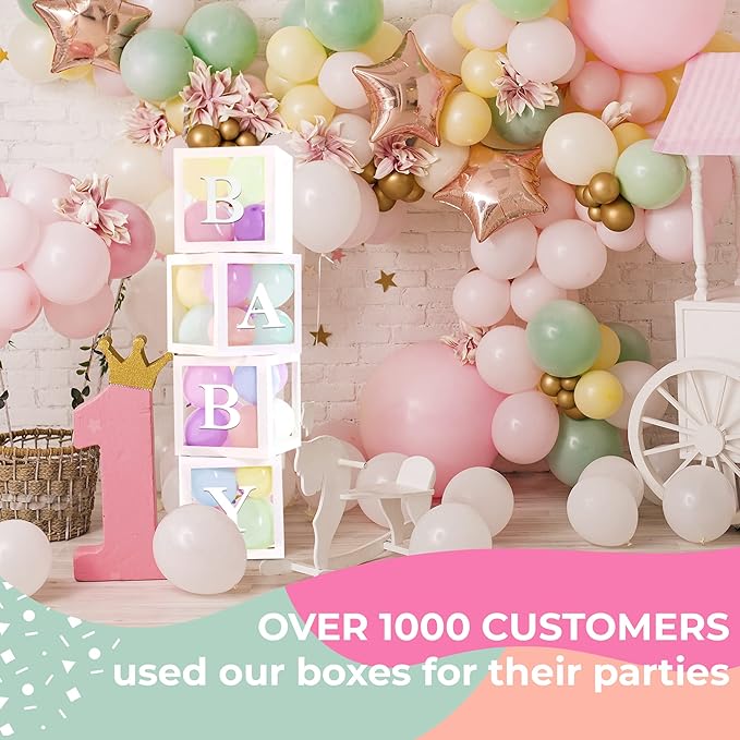 Baby Shower Boxes with Letters – White Boxes with Pastel Pink, Blue, Yellow, and Green Balloons – 44-Piece Gender Reveal & Party Decoration Set by Vellax