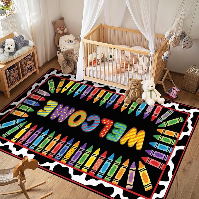Welcome Crayon Area Rug 2'x3' Colorful Alphabet Rugs for Entryway Bedroom Living Room Nursery Playroom Classroom Home Decor Non-Slip Washable Carpet Kids Floor Mat