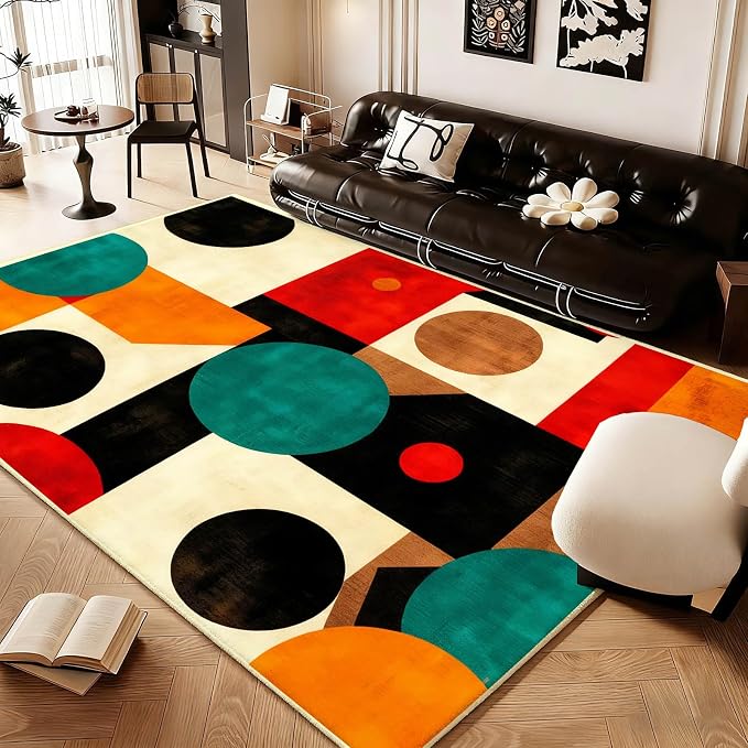 Geometric Rug, Mid Century Modern Rug, Abstract Colorful Geometric Rugs, Washable Non-Slip Soft Low Pile Vintage Abstract Carpet for Living Room, Bedroom (6' x 8'(Rectangular))