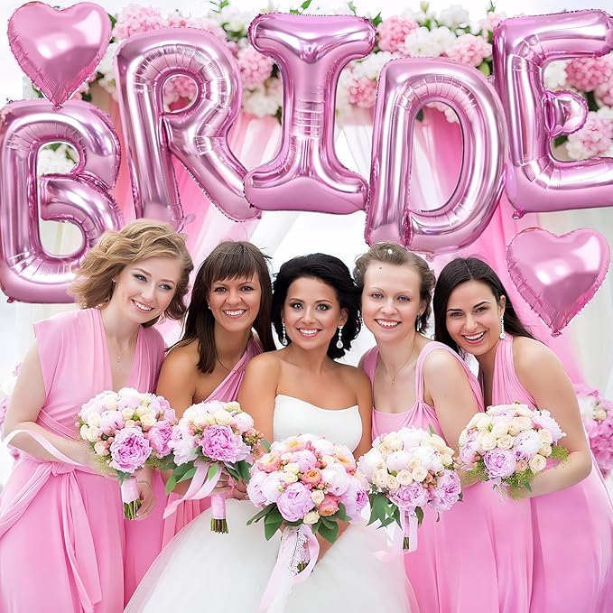 40inch Pink BRIDE Letter Balloons, Giant Pink Bride Foil Helium Balloon Banner with Heart Balloon for Bride to Be Wedding Engagement Bridal Shower Bachelorette Party Decoration