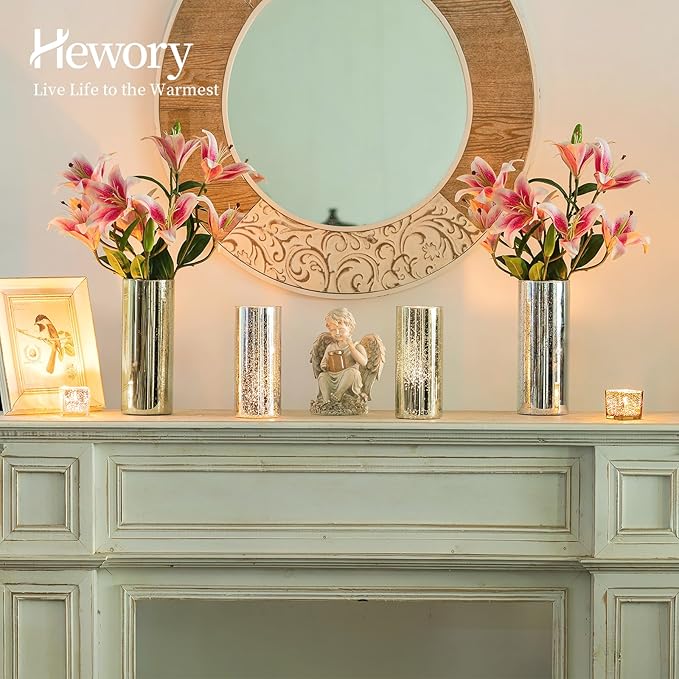 Glass Cylinder Vases Set of 12, Hewory Glittery Gold Vase for Centerpieces, Glass Hurricane Candle Holders for Pillar Floating Candle, Tall Round Vase for Wedding Anniversary Events Home Table Decor