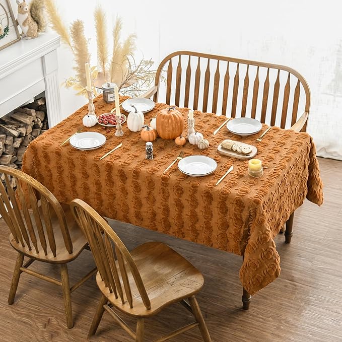 Horaldaily Fall Tablecloth 60x84 Inch Rectangular, Caramel Soft Plush Faux Fur Pumpkin Table Cover, Thanksgiving Autumn Harvest Dining Table Decoration for Home Party Dinner