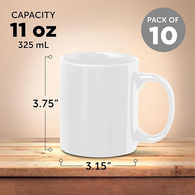 DISCOUNT PROMOS Ceramic Coffee Mugs 11 oz. Set of 10, Bulk Pack - Coffee cup set, Iced coffee cup, Gaming mug - White