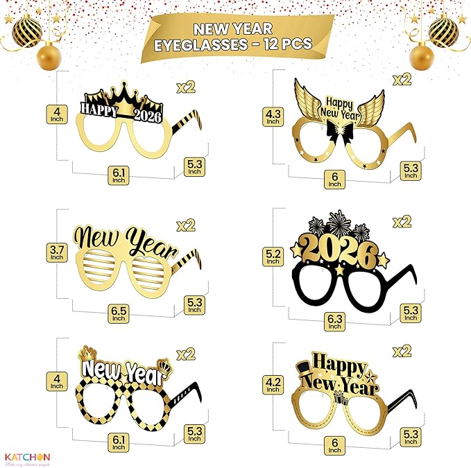 KatchOn, Happy New Years Glasses 2026 - Pack of 12 | New Year Photo Booth Props | New Year Party Glasses, Happy New Years Decorations 2026 | NYE Sunglasses, New Years Eve Party Supplies 2026