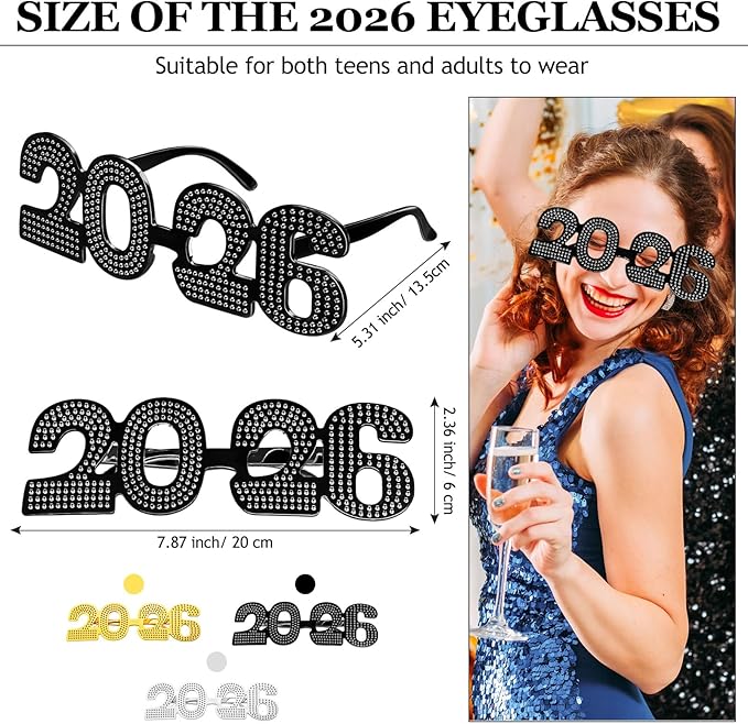 Konohan 6 Pcs 2026 New Year Eve Glasses Glitter Number Sunglasses Eyeglasses for New Years Party Supplies Festival Photo Prop(Yellow Black Silver)