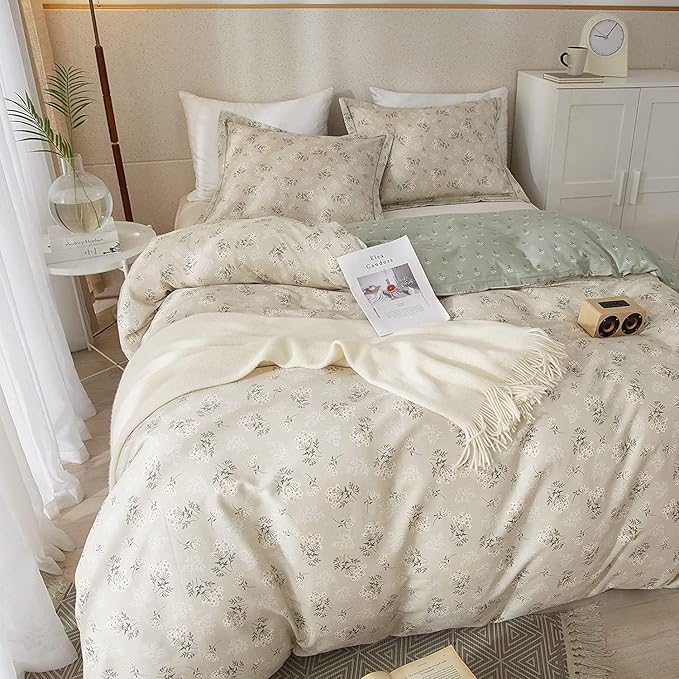 LifeTB Boho Floral Duvet Cover Full Cotton Aesthetic Floral Bedding Sets Full Vintage Garden Floral Comforter Cover Beige Sage Green Floral Botanical Duvet Cover with Zipper Closure 4 Ties