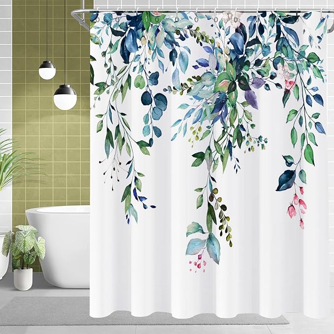 Eucalyptus Shower Curtain, Watercolor Sage Green Leaf Plant Floral Spring Nature Waterproof Machine Washable with Hooks for Bathroom Bathtub 72x72