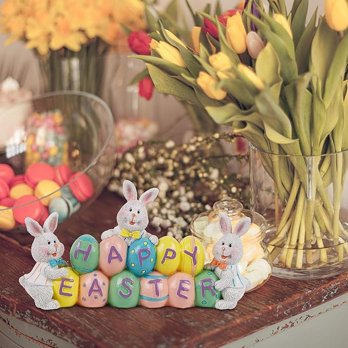 DR.DUDU Easter Decorations Eggs Bunny, Hand-Painted Resin Tabletop Centerpiece, Decor Bunny Figurine for Home Room Table Office Party (Happy Easter)