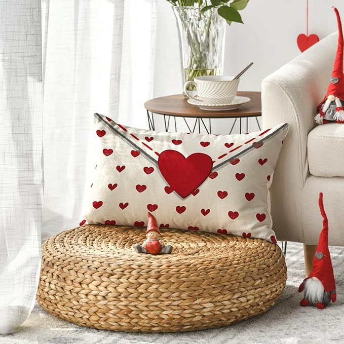 AVOIN colorlife Valentine's Day Envelope Throw Pillow Cover, 12 x 20 Inch Red Heart White Anniversary Wedding Cushion Case Decoration for Sofa Couch