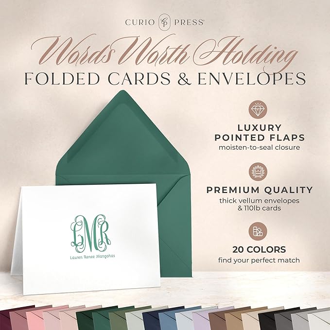 Curio Press Personalized Stationery for Women & Men-Folded Thank You Cards with Custom Notecards, Personalized Note Cards with Envelopes, Name & Initials Monogrammed, Custom Stationery -Vine Mono Fold