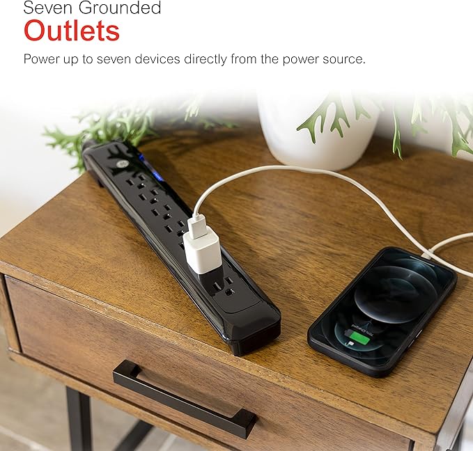 GE 7 Outlet Surge Protector, 4 Ft Power Cord, 1080 Joules, Flat Plug, Power Filter, Circuit Breaker, Warranty, UL Listed, Black, 34460