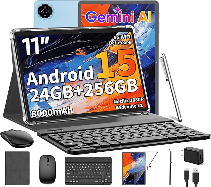 2026 Android 15 Tablet, 11 inch Tablet with Keyboard, 24GB+256GB+2TB Expand, Octa-Core, 8000mAh, Gemini AI Tablets PC with 5G/2.4G WiFi, BT5.0, GPS, 2 in 1 Tablets with Case, Mouse, Stylus(Silver)