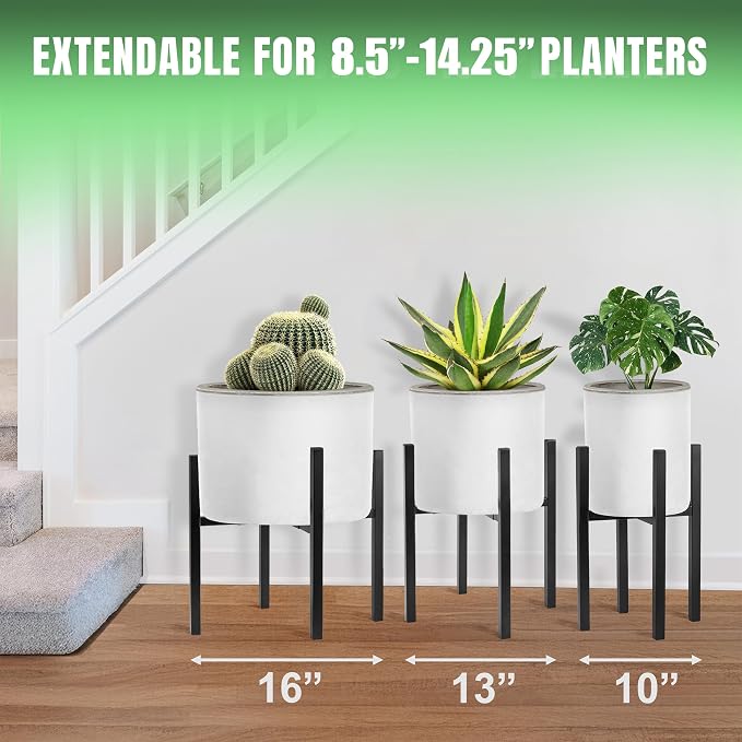 Sorbus Adjustable Metal Plant Stand – Mid Century Style Flower Pot Holder, 10 to 16 Inches Planter Stand for Modern Home Décor, Houseplants – Plant & Pot NOT INCLUDED (Black, 2 Pack)