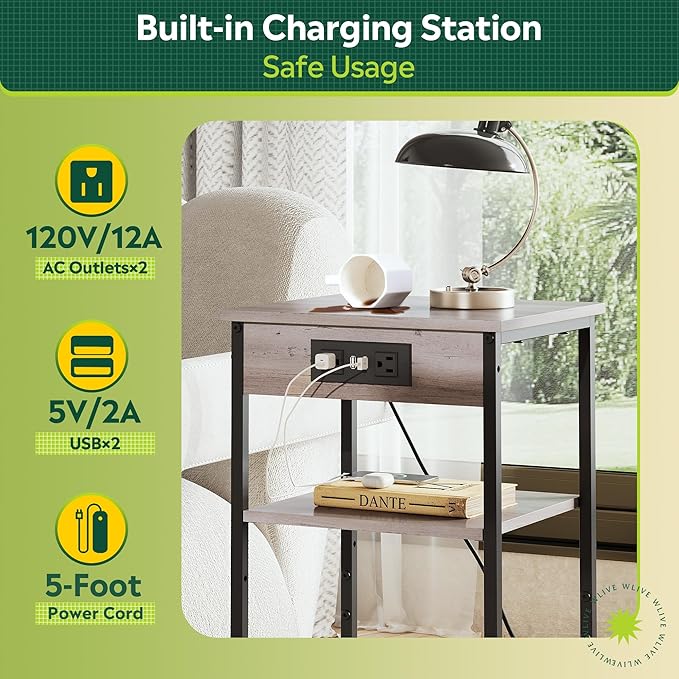 WLIVE End Table with Charging Station, Small Night Stand with 3 Storage Shelves, Side Tables for Small Spaces, Bedside Tables for Living Room, Bedroom, Grey