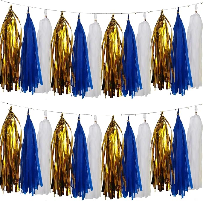 We Moment Navy Blue Gold White Tassel Garland Banner Paper Tassels for Boys Girls Birthday Graduation Decorations,Pack of 15