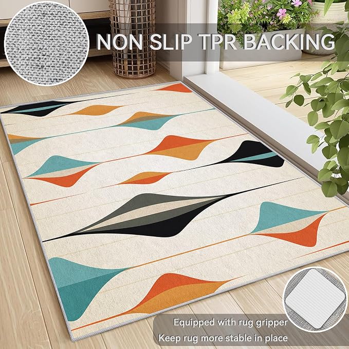 Mid Century Modern Rug 7x10, Washable Retro Geometric Rugs for Living Room Bedroom, Minimalist Area Rug for Home Decor, Non Slip Backing Floor Carpet with Gripper - 7 x 10 ft