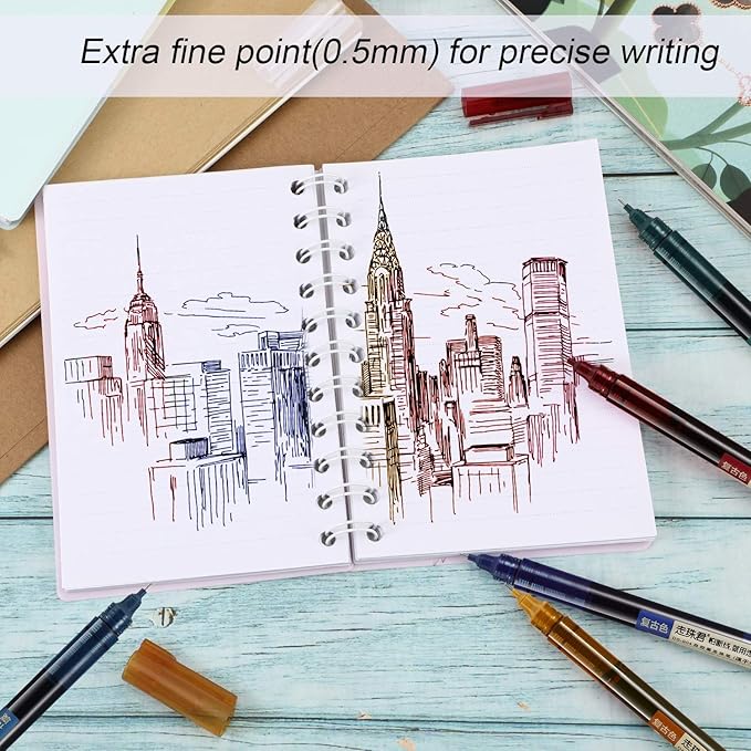 Frienda 12 Pieces Rolling Ball Pens 0.5 mm Japanese Quick Drying Fine Point Pens Liquid Ink Smooth Writing for Office Student Back to School Supplies(Retro Colors and Black)