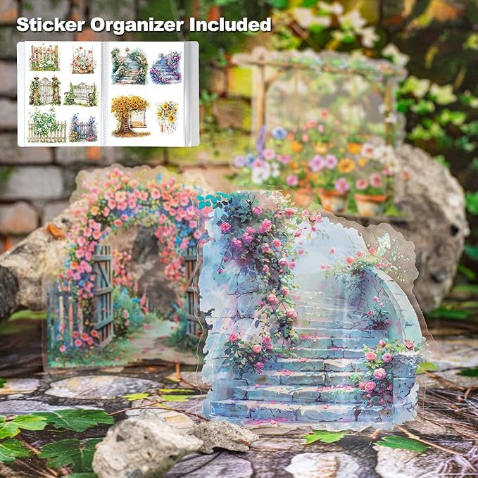 MiyouLuna 90Pcs Manor Fence PET Stickers, Vintage Garden and Floral Stickers for Scrapbooking, Journaling, DIY Crafts, with Organizer for Easy Storage