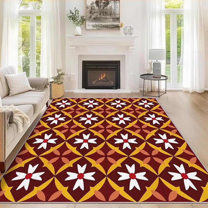 Geometric Flower Rugs for Home Decor, 5x6 ft, Mid Century Modern Area Rugs for Living Room, Soft Non Slip Washable Retro Floral Carpet Bedroom Decorations Dt-Ghf-69