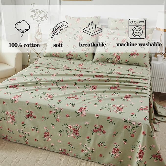 FADFAY Queen Size Sheet Set 100% Cotton Sage Green Bed Sheets, French Country Red Rose Floral Pattern, Soft Cool Luxury Bedding, Shabby Vintage Style, 4 Pieces Deep Pocket Fitted Sheet