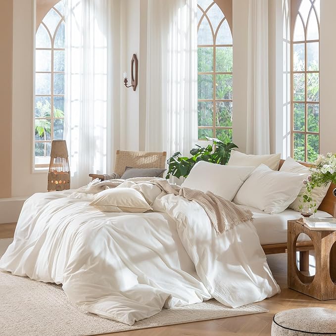 MooMee Bedding Duvet Cover Set 100% Washed Cotton Linen Like Textured Breathable Durable Soft Comfy (Solid Off White, Oversized Queen 98"x98")