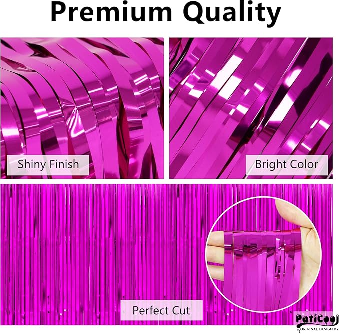 Thicken Hot Pink Streamers 4 Pack 3.2x8.2 FT, Pink Birthday Decrorations Tinsel Backdrop Curtains, Foil Fringe Photo Backdrop for Bachelorette, Graduation, Summer Hawaiian Party Decorations