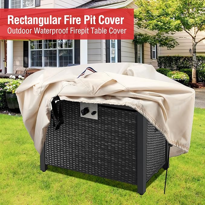 Youlvy Fire Pit Cover Rectangular 44 Inch - Waterproof Outdoor Fire Table Cover Rectangle Heavy Duty, 600D Patio Propane Gas Firepit Cover Rectangular Tear Weather Resistant - 44 x 28 x 25 Inch Beige