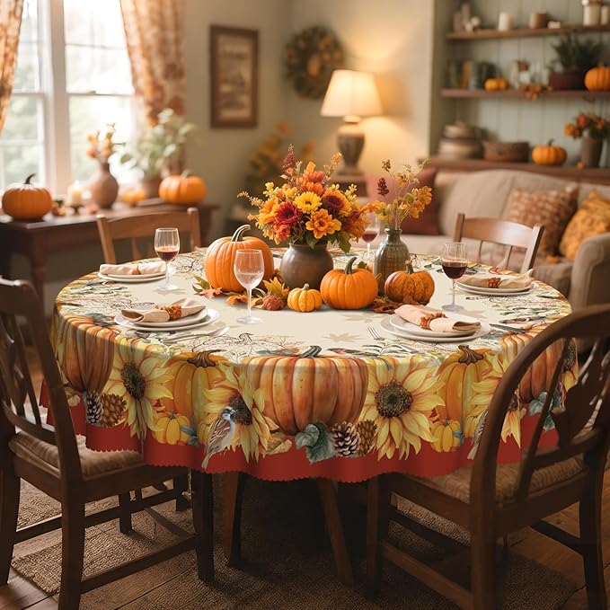 Eikione Sunflower Round Tablecloth 60In, Fall Tablecloth Waterproof and Reusable, Yellow Flower Rustic Floral Table Covers for Holiday Outdoor Decor