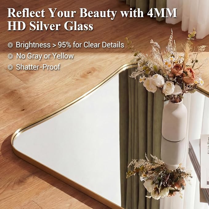 ANDY STAR 30x48 Inch Brushed Gold Mirror, Large Asymmetrical Wall Mirror, Antique Gold Mirror in Anti-Rust Stainless Steel Frame, Unique Designed Frame Ideal for Home Remodel