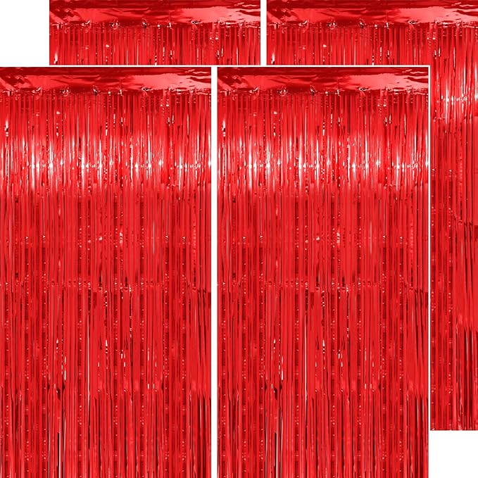 Thicken Red Streamers 4 Pack 3.2 x 8.2 FT, Red Tinsel Backdrop Curtains, Foil Fringe Backdrop for Birthday, Casino, Carnival, Christmas, Cherry, Hollywood Red Carpet Party Decorations
