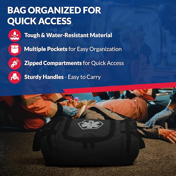 Fully Stocked Trauma First Aid Kit – First Responder II Bag with Tools, Gauze, Bandages, Scissors & Gloves – Compact & Portable – OSHA and ANSI Compliant – Black