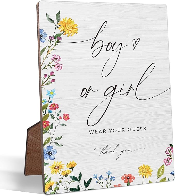 Boy or Girl Wear Your Guess Baby Shower Sign, Floral Wooden Table Sign with Stand and Hook, 5x7 inches, Free-standing/Hanging, Home/Office Decor