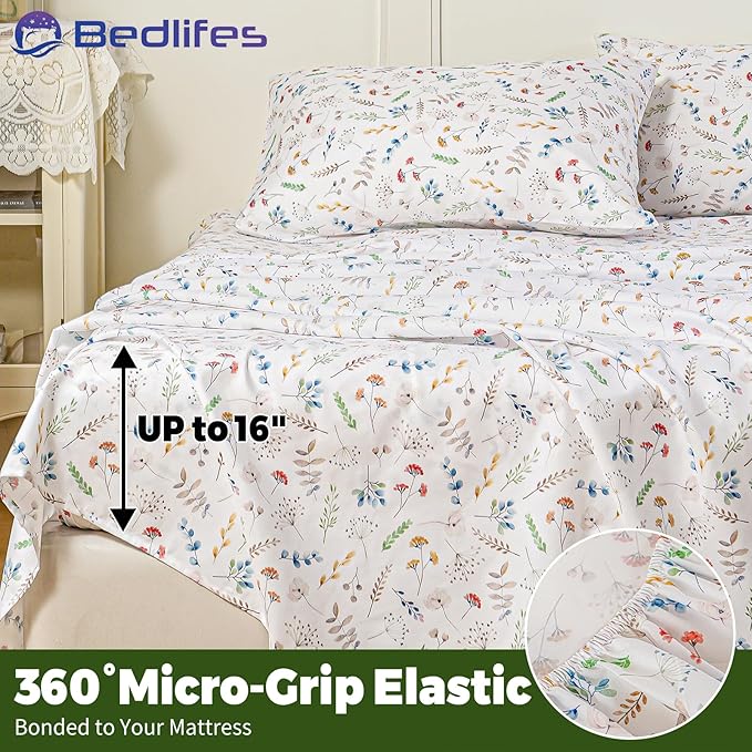 Bedlifes King Floral 4-Piece Sheet Set - Cooling Sheets Blend Rayon Derived from Bamboo,Soft & Breathable, Deep Pocket 16", Wrinkle Resistant - Vibrant Boho Floral Design