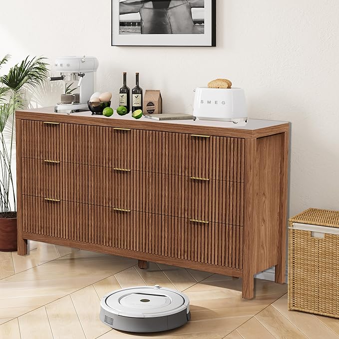 NRITOBY Mid-Century Modern 9-Drawer Dresser for Bedroom, Freestanding Nursery Dresser with Large Storage,Wood Dresser Dining Room, Entryway, Walnut Oak