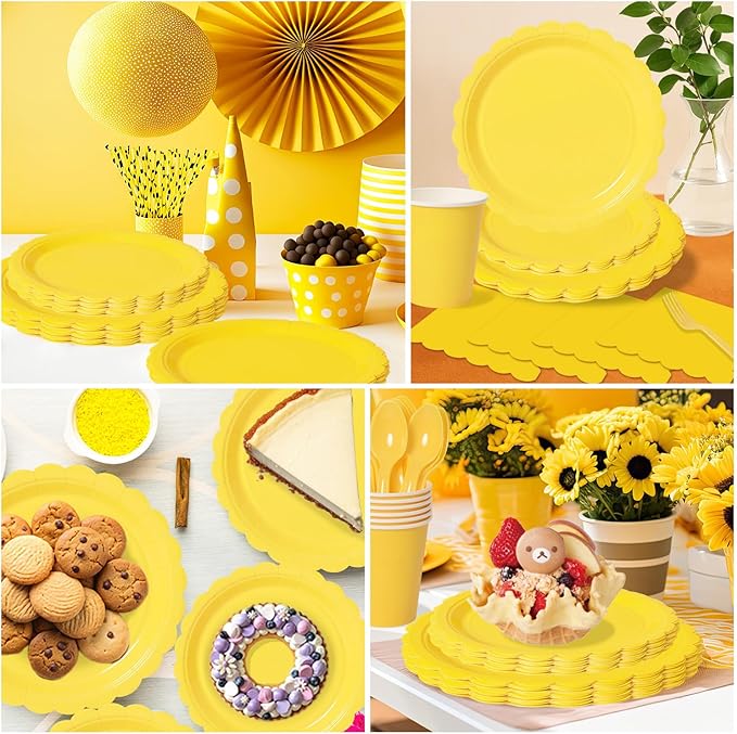 Vyntra 350 PCS Disposable Plates for Party, Paper Plates & Napkins Set with Cups, Knives, Forks, Spoons, 7'' Dessert and 9'' Dinner Plates for Birthday, Picnic, BBQ - Yellow