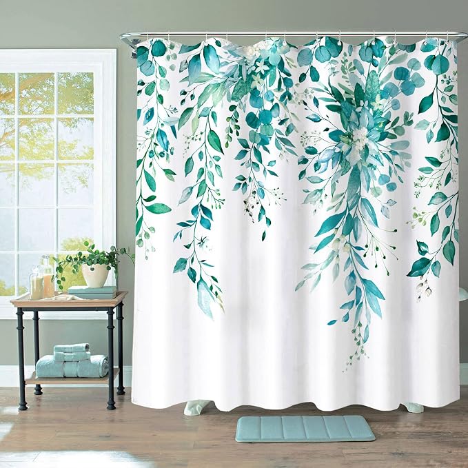 84 Inch Extra Long Teal Eucalyptus Shower Curtain Watercolor Floral Plant Leaf Shower Curtains for Bathroom Botanical Flower Waterproof Fabric Bath Curtain Decor with Hooks (Teal, 72'' x 84'')