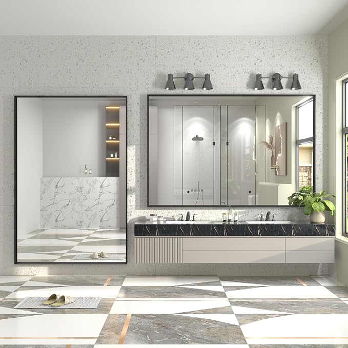 60x36 Inch Black Metal Framed Bathroom Mirror for Wall, Large Rectangle Mirror, Matte Black Bathroom Vanity Mirror, Anti-Rust, Square Corner, Shatterproof, Hangs Horizontally or Vertically