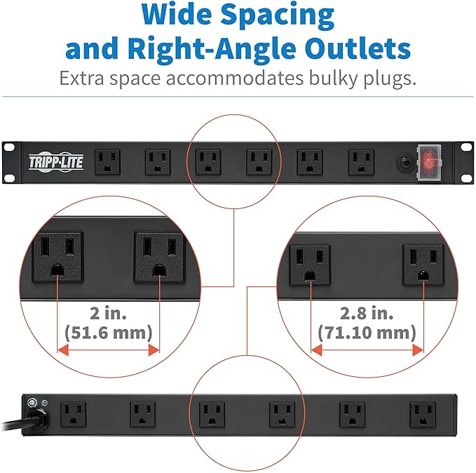 Tripp Lite 12-Outlet Rack Mount Power Strip PDU, Six Front & Six Rear Facing Outlets, 15A, 120V, 15ft Cord with Right-Angle Plug, Horizontal 1U Rack Mount, Black
