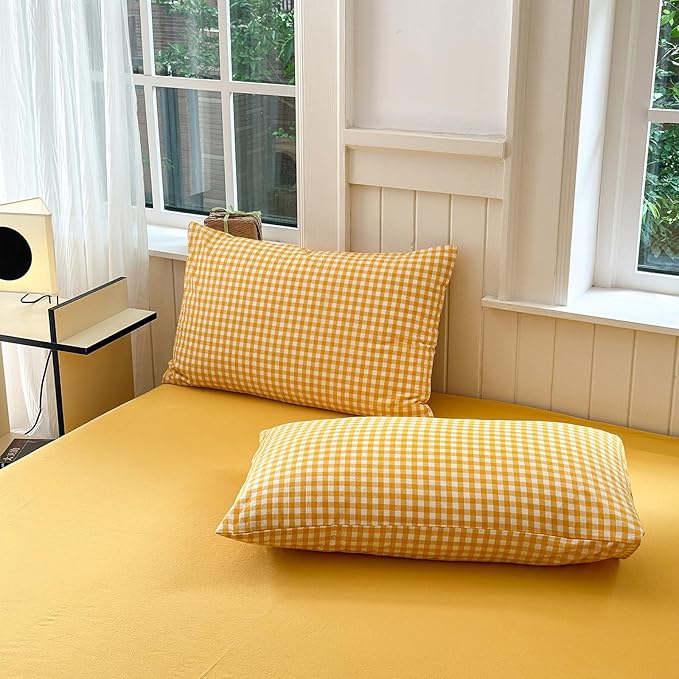LifeTB Yellow Gingham Comforter King Comforter Set Geometric Checkered Plaid Bedding Comforter with 2 Pillowcases Fluffy Soft Lightweight Bedding Boho Grid Plaid Comforter Set King for All Seasons