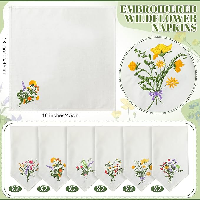 Tioncy 6 Pcs Christmas Floral Cloth Napkins Decorations Bulk Embroidered Wildflower Dinner Napkins Tea Cocktail Party Gifts Xmas Stocking Stuffers for Holiday Table Decor (White)