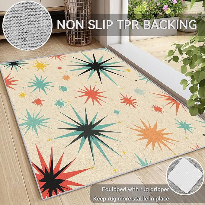 Retro Atomic Rug 4x5, Washable Mid Century Modern Rugs for Living Room Bedroom, Contemporary Geometric Area Rug for Home Decor, Non Slip Backing Floor Carpet with Gripper - 4 x 5 ft