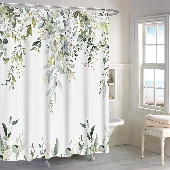 Sage Green Eucalyptus Shower Curtain, Watercolor Leaves Plant Spring Floral Waterproof Fabric Machine Washable with Hooks for Bathroom Bathtub Decor 60Wx72H